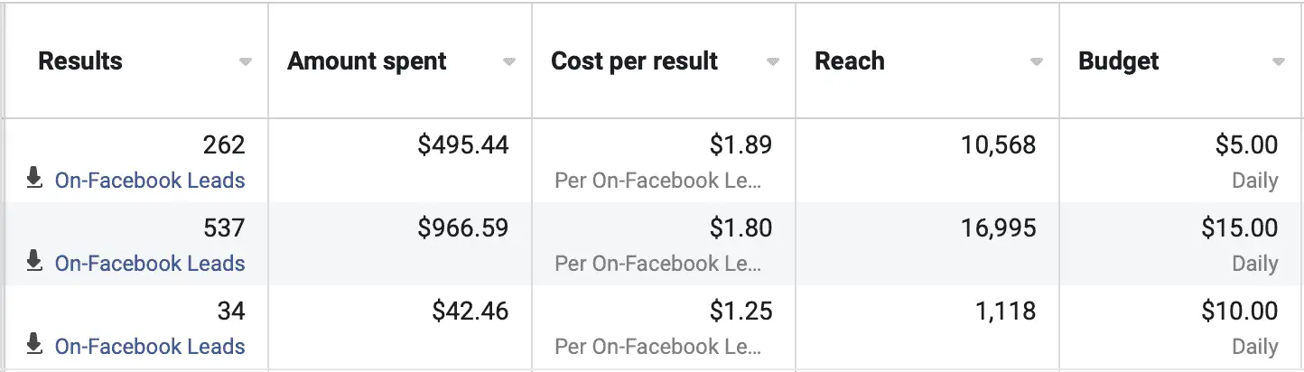 screenshot showing the results of a few Facebook lead form campaigns