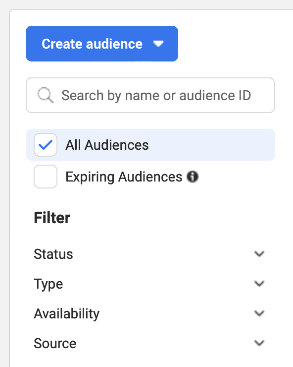 a screenshot of the section where you can create audiences inside Meta Business Suite