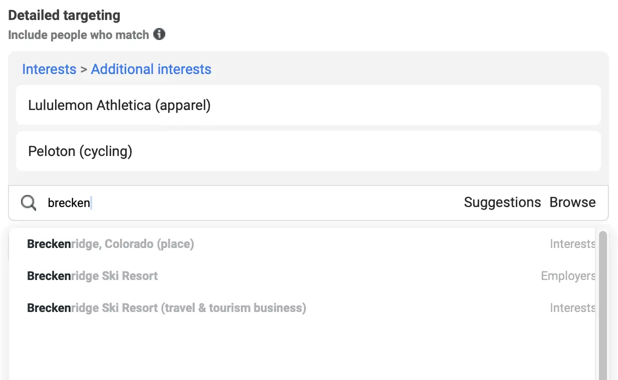 a screenshot showing the option to select people who are interested in Peletons, Lululemons and the Breckenridge Resort