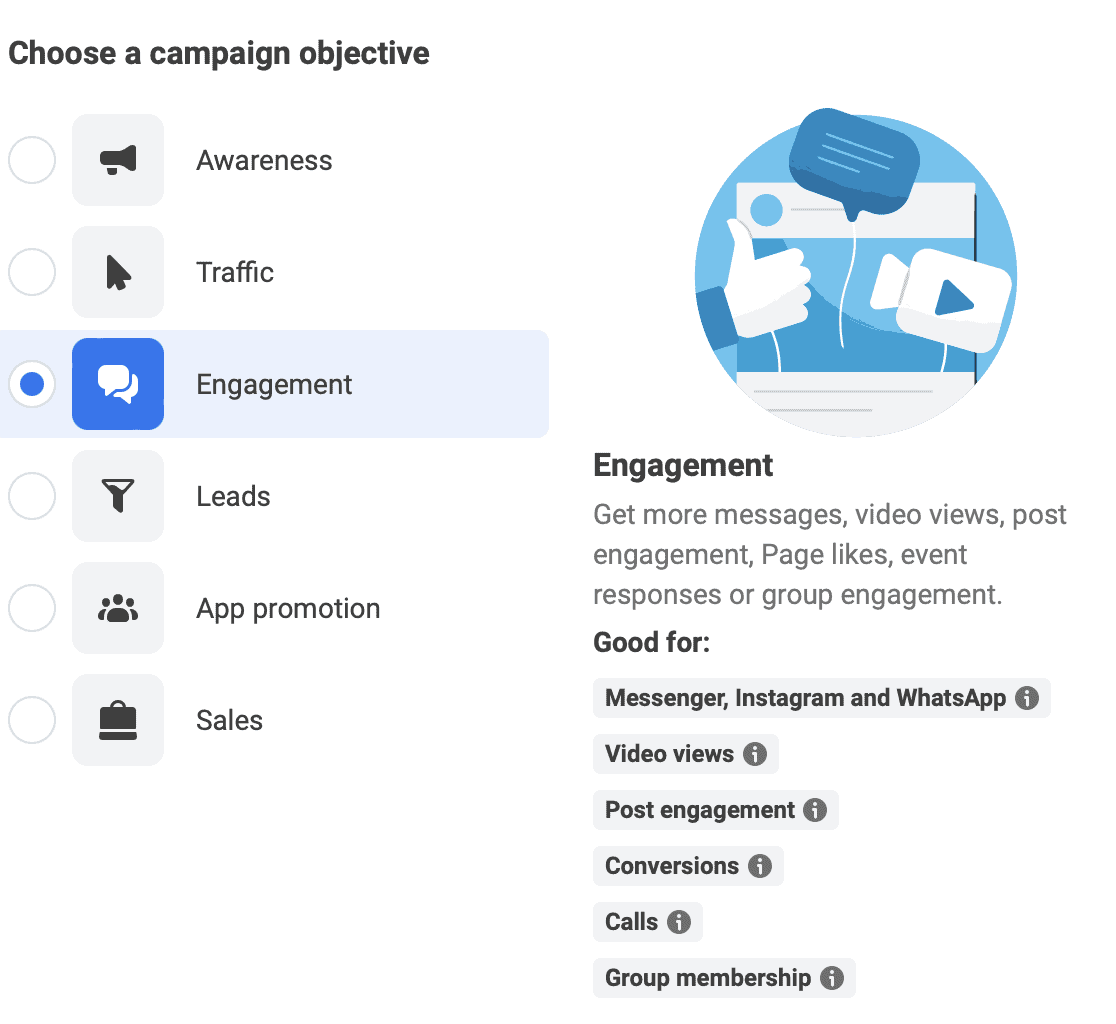 screenshot showing the options available with an engagement campaign