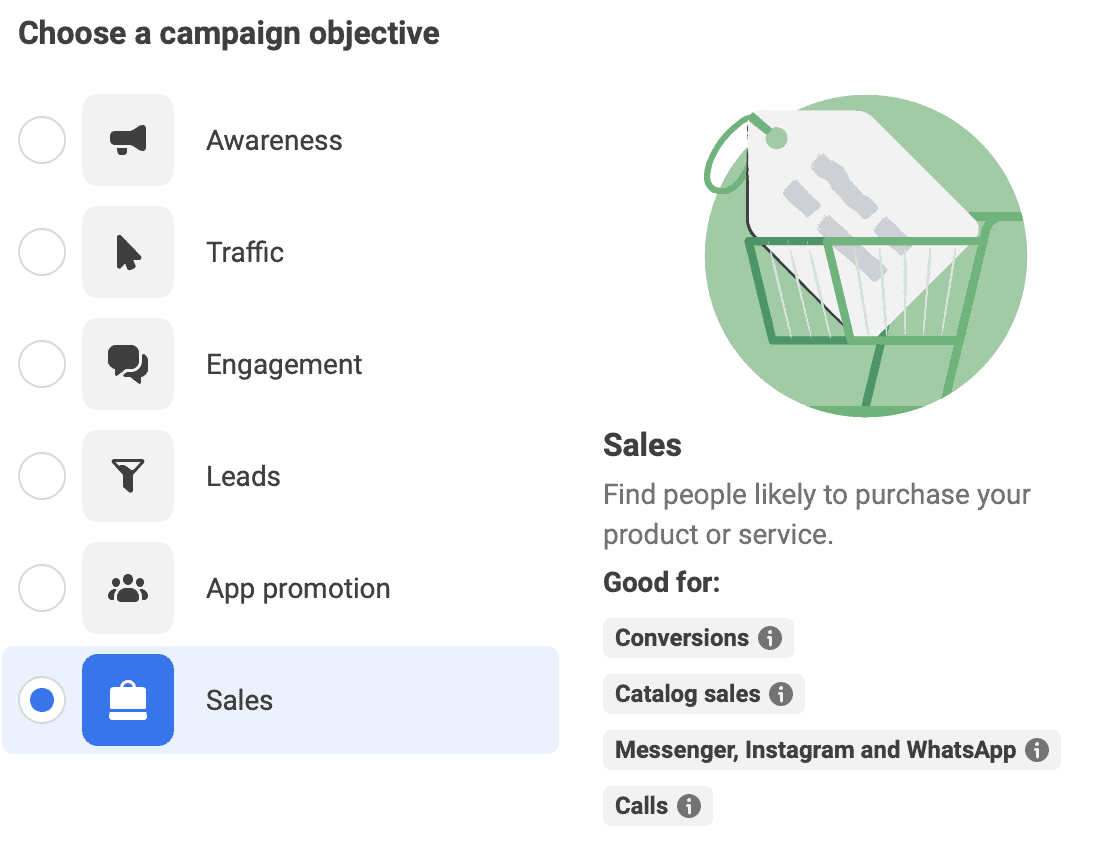 screenshot of sales campaign options in Facebook ads