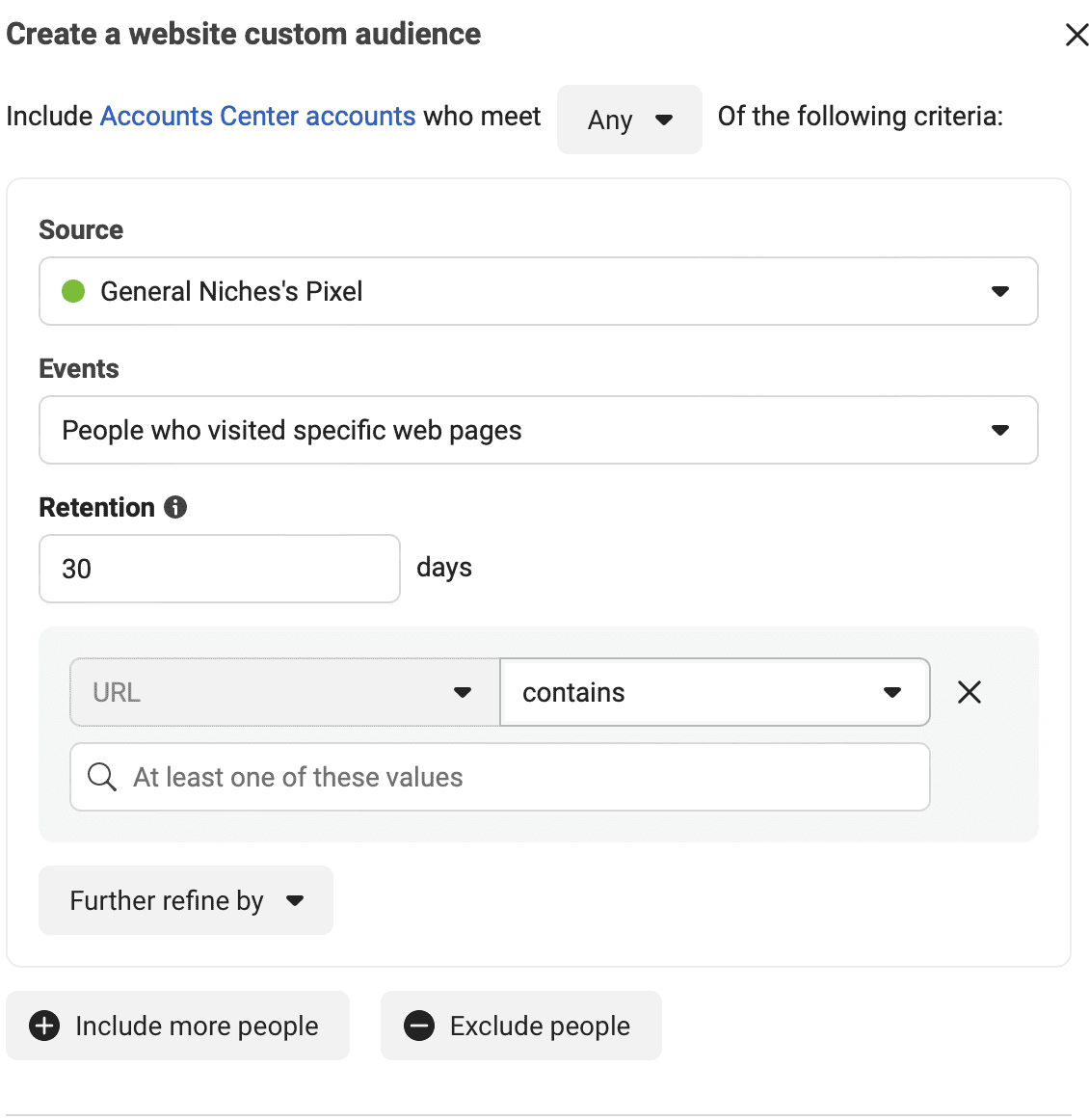 screenshot on how to set up Landing page retargeting in Facebook ads