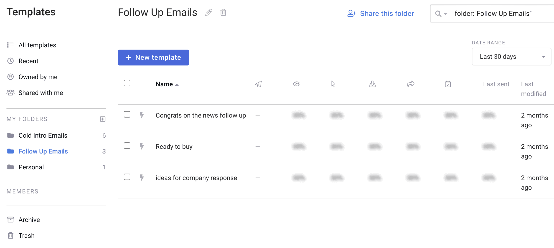A screenshot of Mixmax showing the ability to store cold email templates